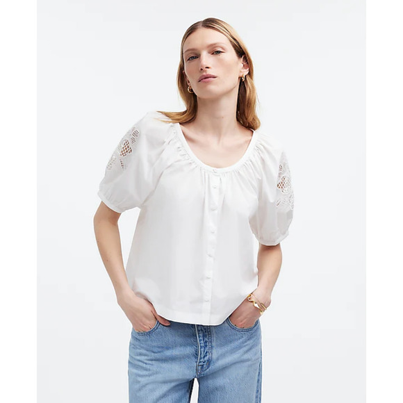 Madewell Puff Sleeve A Line Top Embroidered Poplin White Cottagecore Medium NWT - Picture 1 of 14